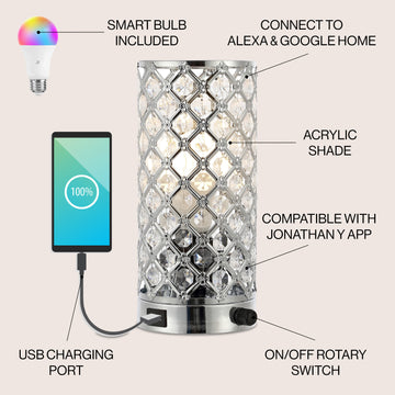 Lucie 9.5" Mid-Century Modern Iron/Acrylic LED Mini Uplight Table Lamp with USB Charging Port and Smart Bulb - JONATHAN Y